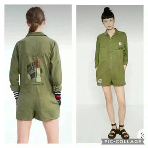 ZARA Trafaluc Collection Army Green Romper Jumpsuit Cotton Patches Women’s S